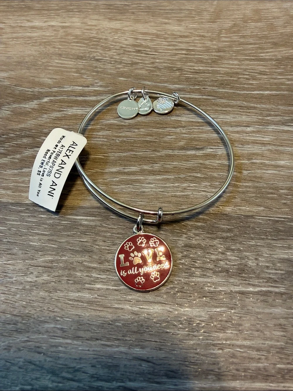 NWT Alex and Ani Bangle Bracelet Dog Love is All You Need Charm Red Silver
